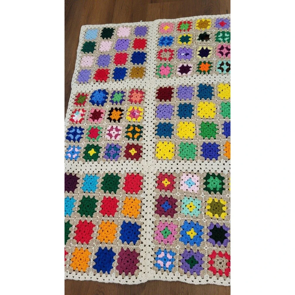 Handmade Crochet Granny Square Afghan Throw Blanket Multicolor 45x47 Cottage